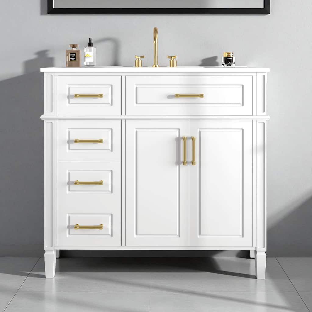 36" Freestanding Bathroom Vanity with Sink, Solid Pinewood & MDF Cabinet, 4 Drawers, 2 Doors, Gold Metal Handles