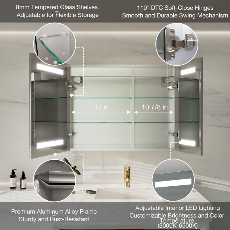 30-48'' W x 24'' H Surface or Recessed LED Bathroom Medicine Cabinet With Mirror,Defog & Quiet Hinges