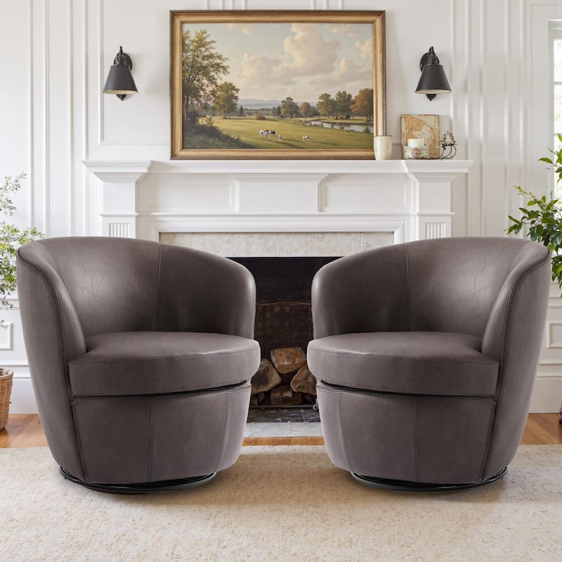 Modern Swivel Leather Accent Chair Upholstered Barrel Chair - Chocolate-2SET