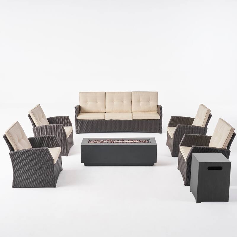 Sanger Outdoor 7 Seater Wicker Chat Set with a Fire Pit by Christopher Knight Home