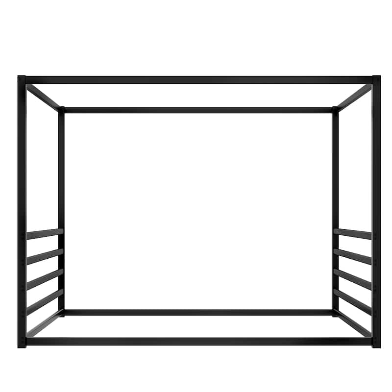 Queen Size Iron Canopy Bed with Fence Guardrails and Sunshade Design