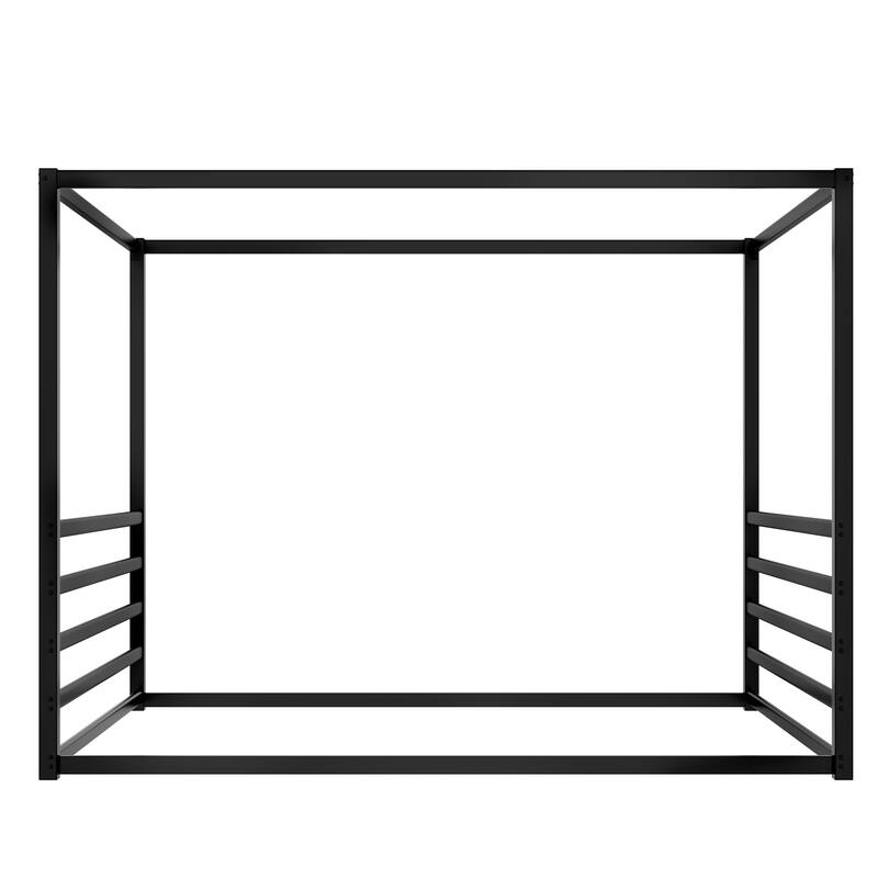 Queen Size Modern Floor Bed Frame with Canopy Structure and Full Guardrails, Low-Profile Metal Platform Bed