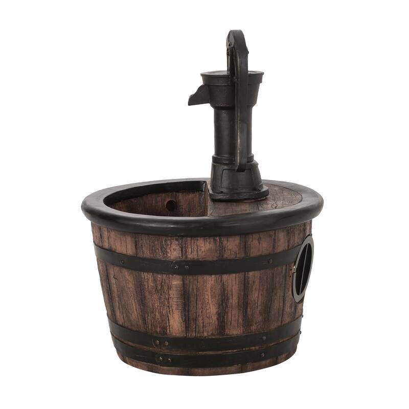 Roomfitters 26.5" Hand-Crafted Rustic Barrel and Pump Outdoor Water Fountain with LED Lights, Weather-Resistant Faux Stone, Wood