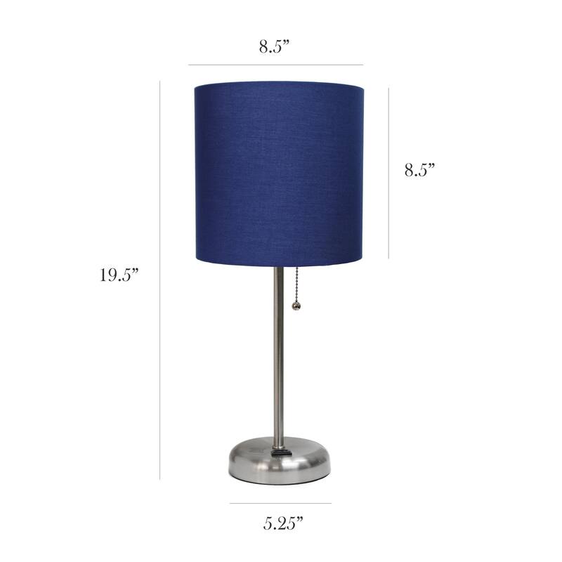 19.5 in. Brushed Steel Finish Table Lamp with Blue Shade, Durable Stick Lamp for End/Side Tables, Set of 2