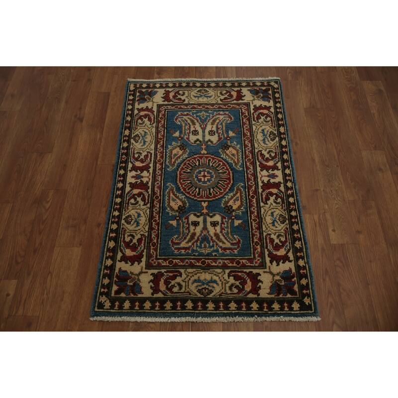 Hand Knotted Oriental 100% Wool Carpet Traditional Geometric Navy Blue & Blues Kazak Area Rug - 3' 0'' X 2' 1''
