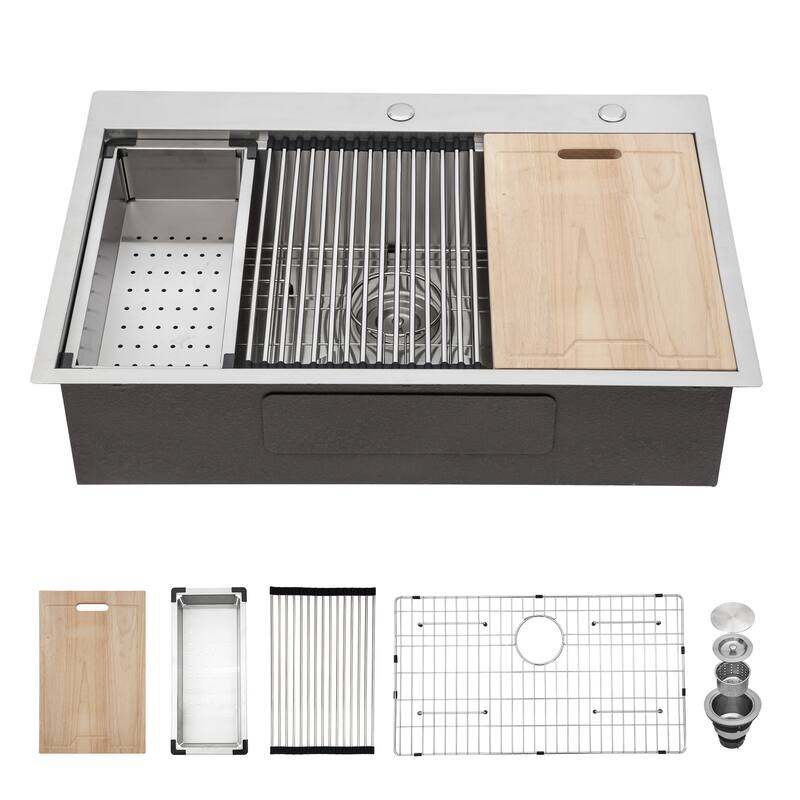 Drop In Sink Ledge Workstation Topmount Kitchen Sink Single Bowl, 16 Gauge
