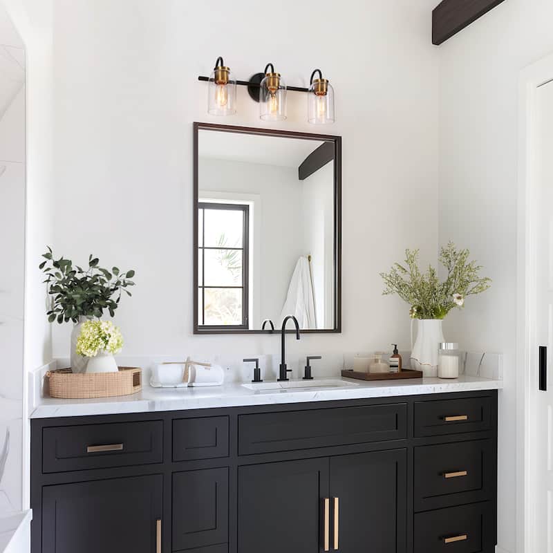 Modern Industrial 3-Light Black Brass Wall Light Clear Glass Vanity Light Fixture for Bathroom