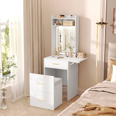 Vanity Desk and Hidden Stool Set with Mirror and Light