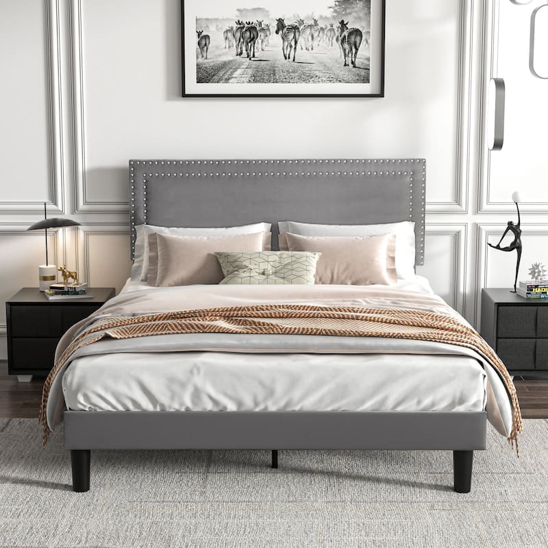 VECELO Upholstered Bed Frames with Height Adjustable Headboard - Grey - Full