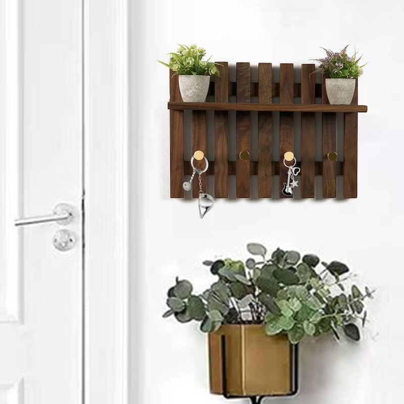 Dark Solid Wood Wall Organizer With Tray Storage - 15.35" L