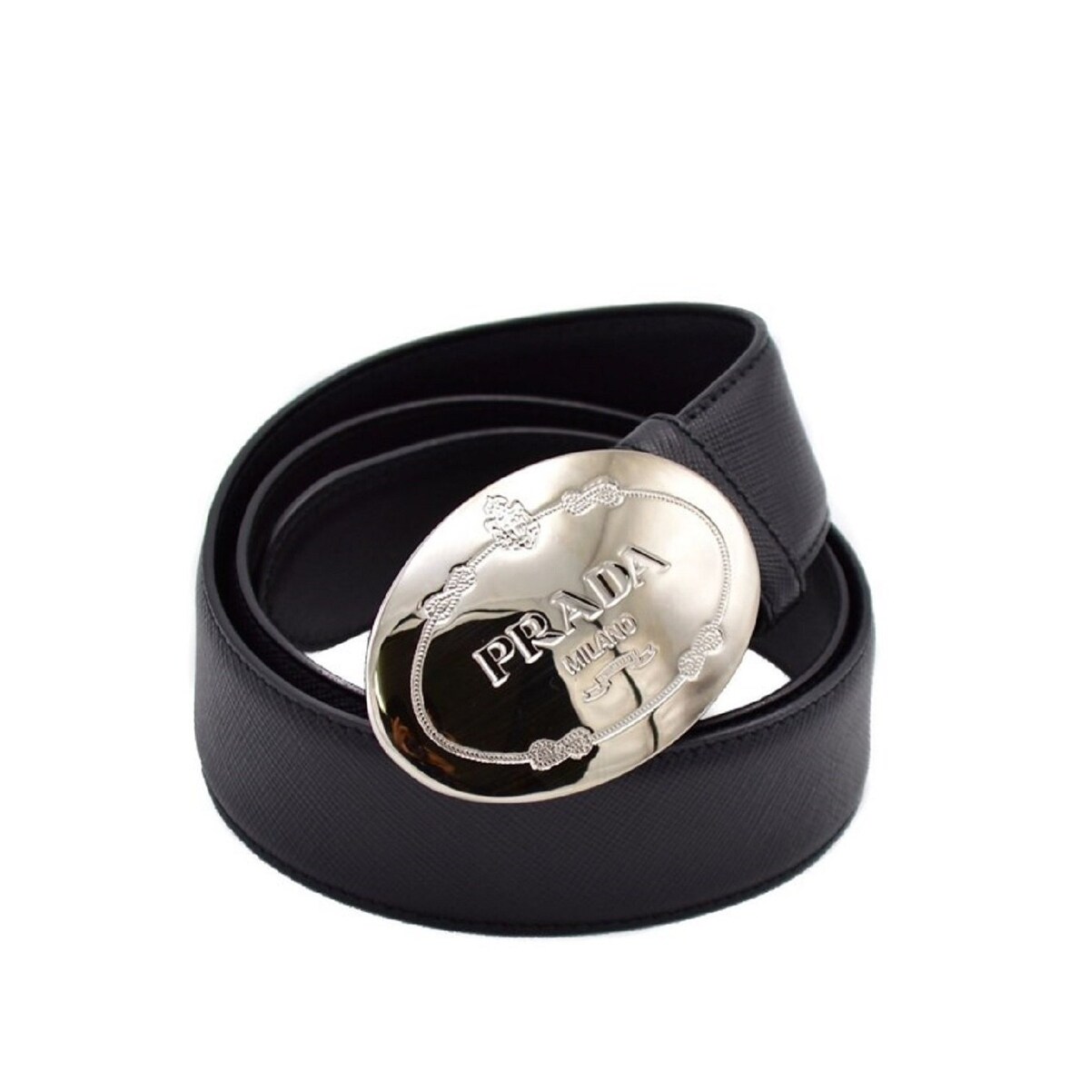 Shop Prada Men S Saffiano Black Leather Engraved Oval Plaque Buckle Belt 2cm046 Size 95 38 Overstock 29894657