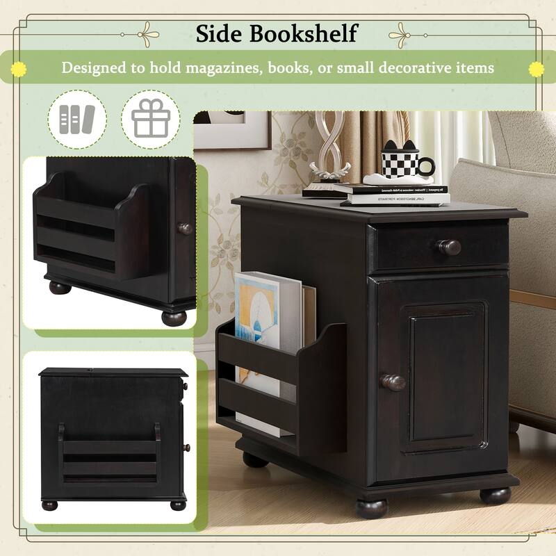 Vintage End Table Flip Top Side Table with USB Ports, One Multifunctional Drawer with cup holders, Sofa Couch Table w/ Bookshelf