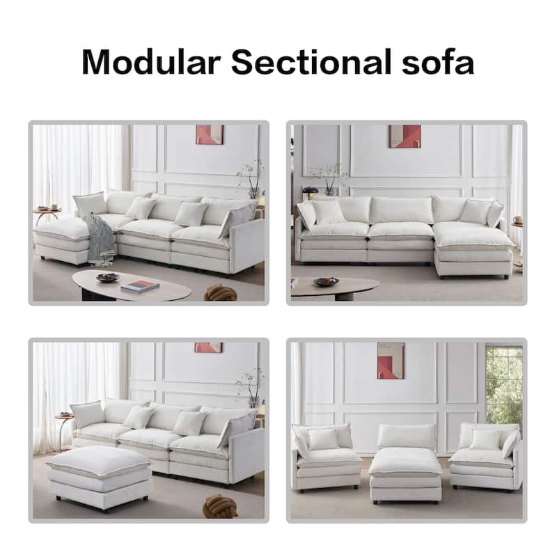 Chenille Upholstered L-shaped Sectional Sofa 3 Seater Modular Couch with Ottoman, Pillows and Double Layer Seat Cushions
