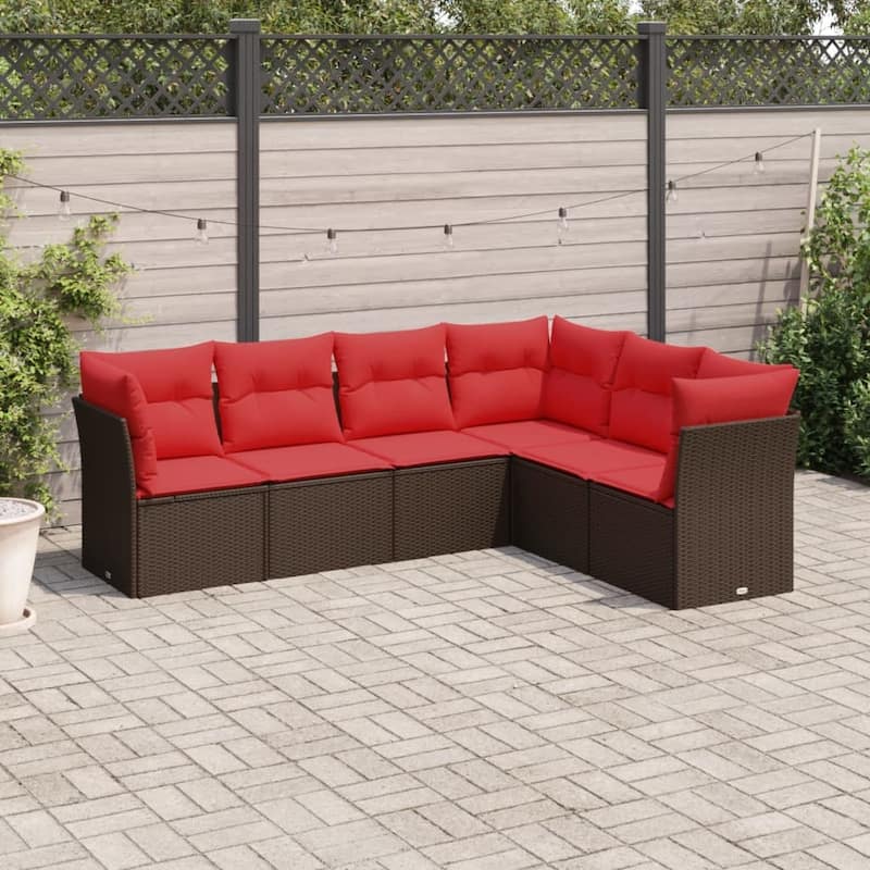 vidaXL 6/7 Piece Patio Sofa Set with Cushions Brown/Gray Poly Rattan - 21.7 x 24.4 x 27.2 - Brown and red Without table