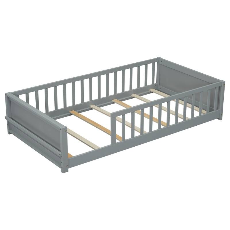 Twin size Floor Platform Bed with Built-in Book Storage Rack