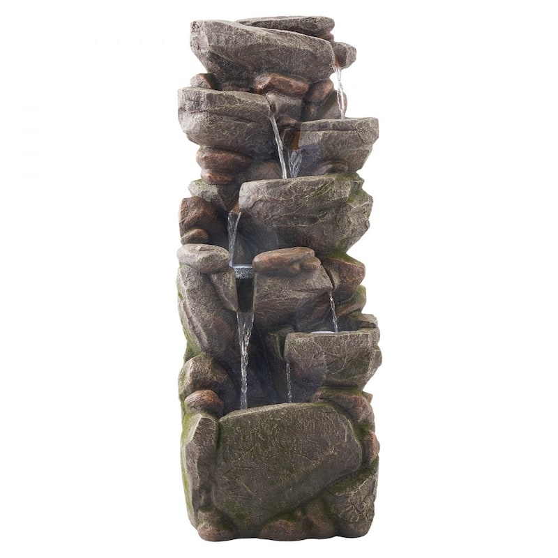7-Tier Rock Style Yard Fountain with Soothing Water Sounds and LED Lights for Patio Decor - 14.96 x 11.42 x 38.98 in