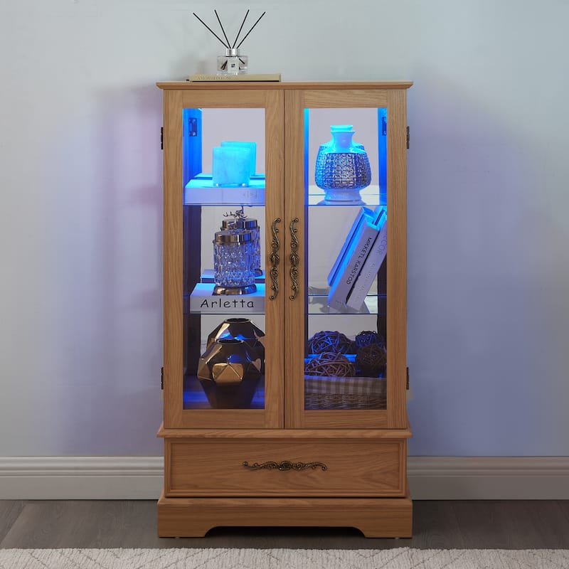 Elegant Lighted Curio Cabinet With Customizable Shelving - Two Glass Doors, Built-In Storage Drawer .