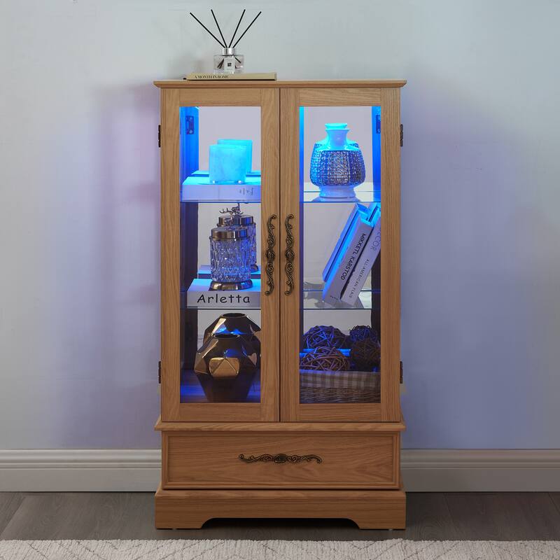GDF Studio - Lighted Curio Cabinet with Adjustable Shelves and Built-In Drawer.