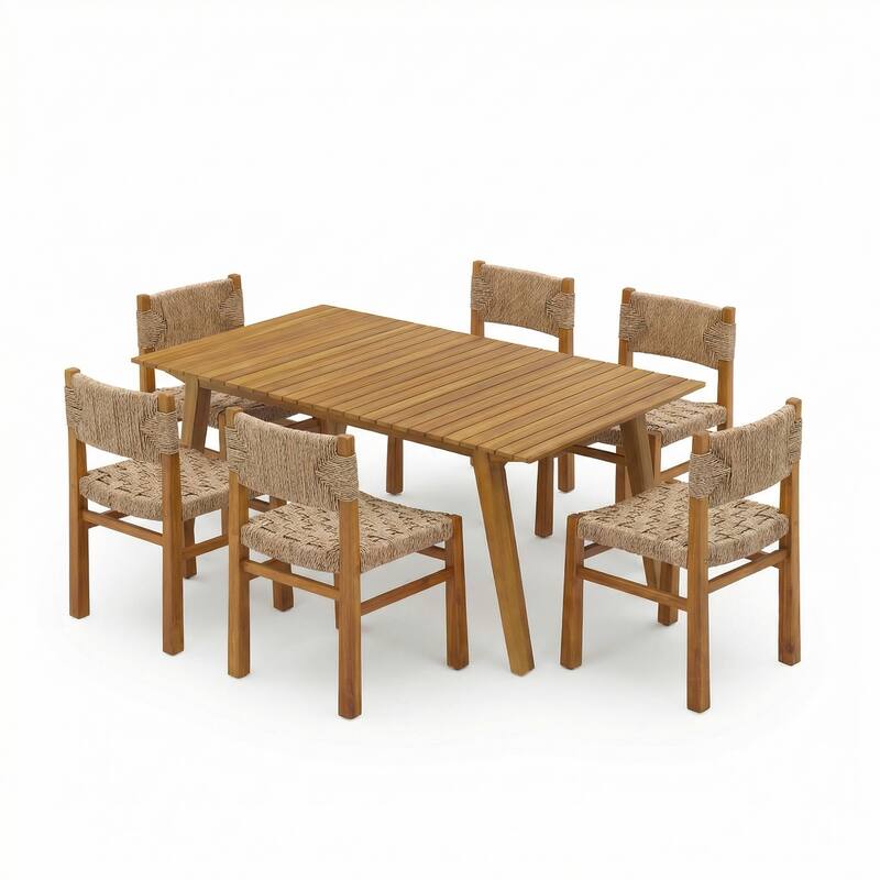 Christopher Knight Home - 7-Piece Rustic Acacia Wood Outdoor Dining Table Set with Wicker Woven Dining Chairs