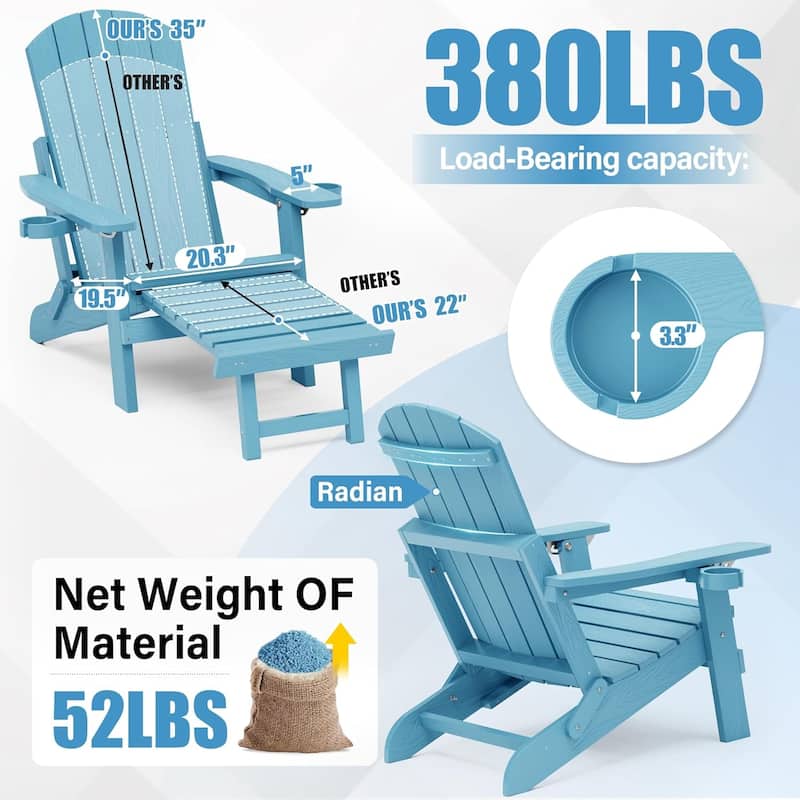 WINSOON All Weather HIPS Folding Adirondack Chair with Adjustable Backrest and Retractable Ottoman