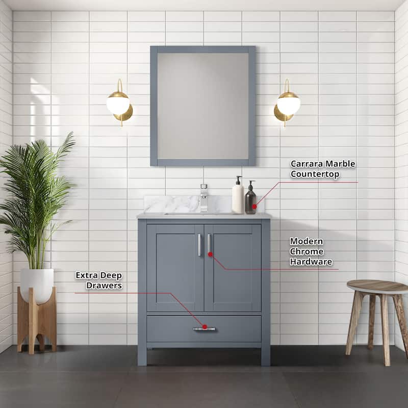 Jacques 30 in White Bath Vanity, Carrara Marble Top, Faucet, & Mirror