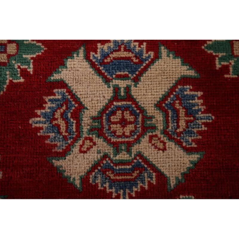 Red Geometric Kazak Oriental Area Rug Hand-Knotted Wool Carpet - 6'8" x 9'7"