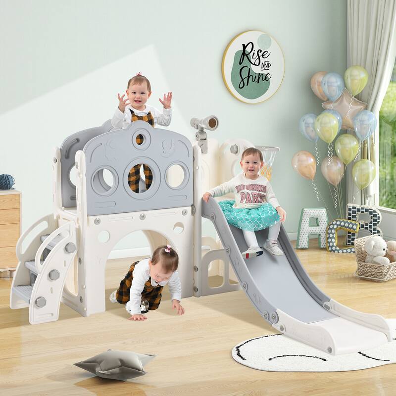 Freestanding Spaceship Set with Slide, Arch Tunnel and Basketball Hoop, Toy Storage Organizer for Toddlers, Kids Climbers