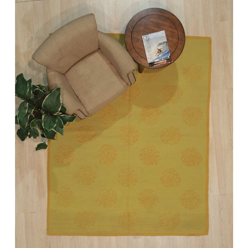 Yellow Handwoven Wool Contemporary Flat Weave Rug 6' x 8' - Modern Plaid Pattern Surged Edge Subtle Hues - N/A