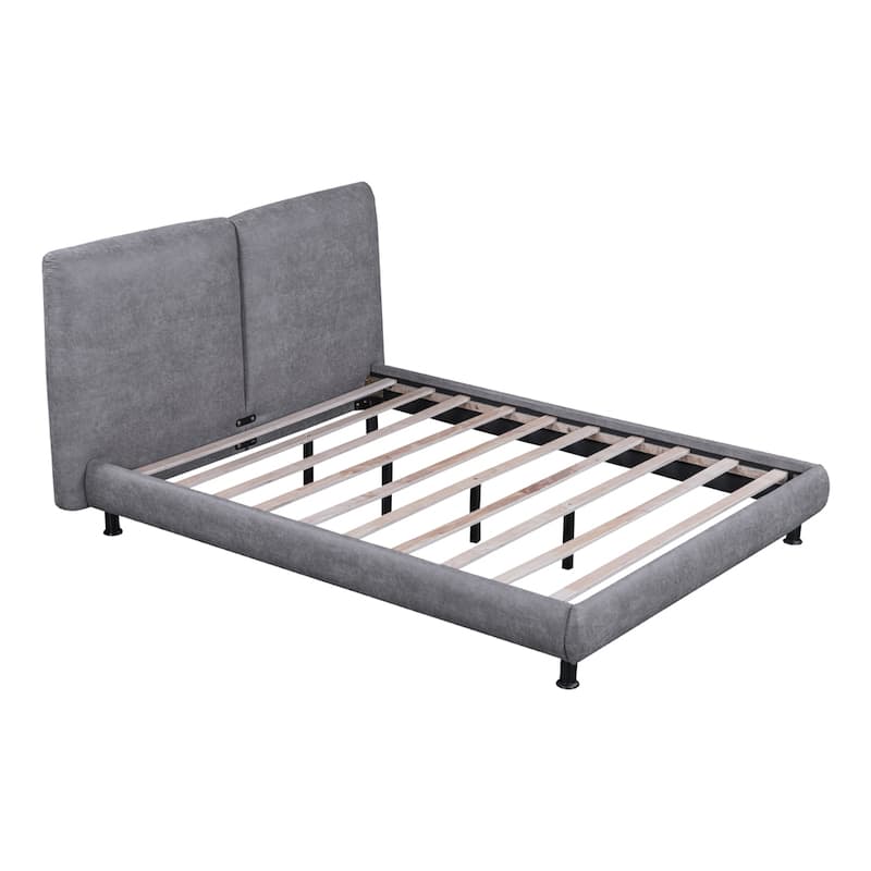 Queen Size Upholstered Platform Bed w/ 2 Large Headrests,Thick Fabric