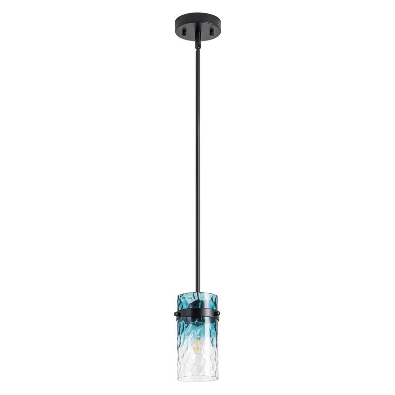 1/3-Light Coastal Matte Black Adjustable Pendant Light with Gradient Blue Hammered Cylinder Glass for Kitchen Island