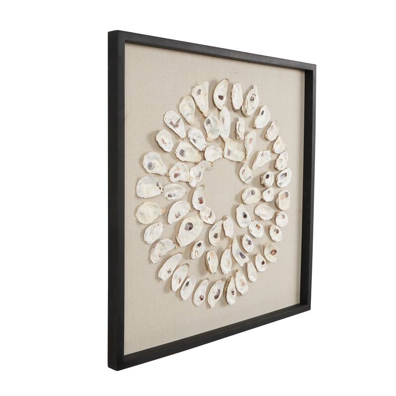 Cream Shell Handmade Abstract Circular Shell Wall Decor with Beige Linen Backing and Black Frame