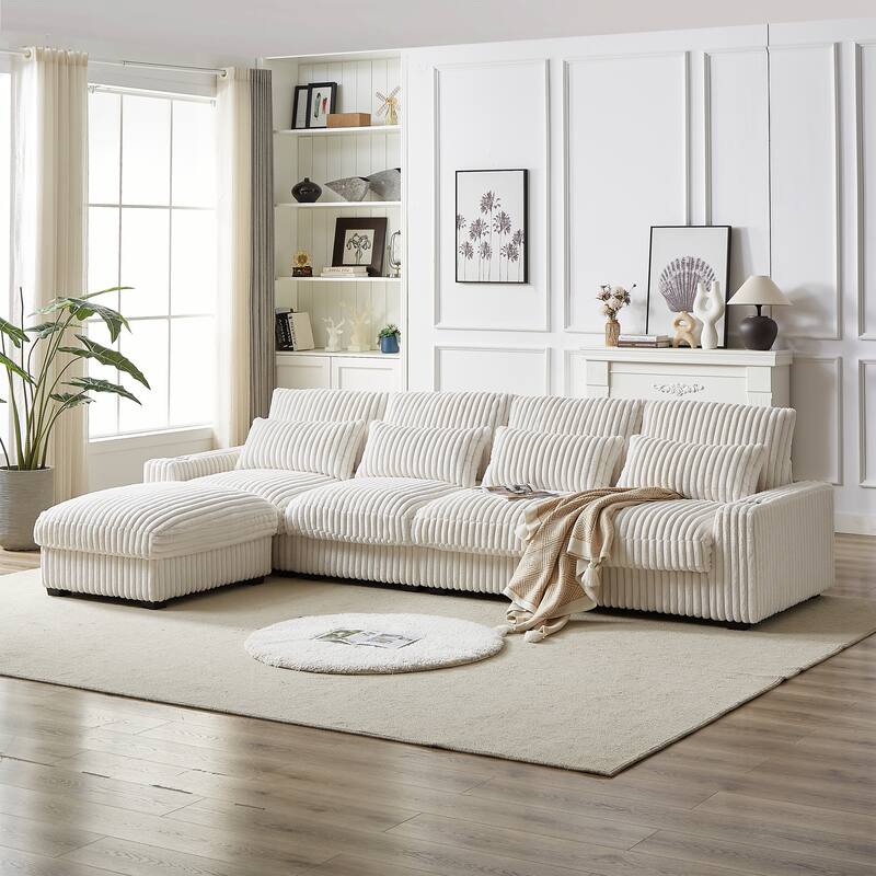 Modern 126-inch Corduroy Sofa with 4 Cushions, Movable Footrest, USB Ports, and Cup Holders