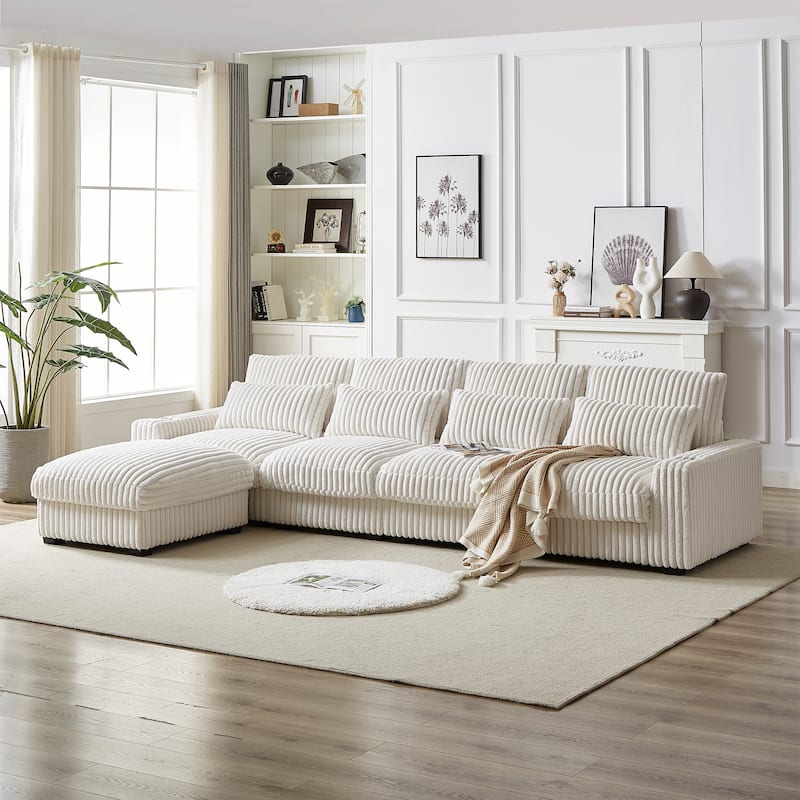 Super Large 126-Inch Corduroy L-Shaped Sofa with Cup Holders, USB Port, Movable Footrest, and 8 Cushions.