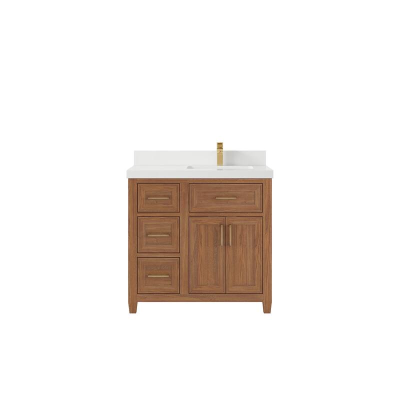 Willow Collections 36 in. W x 22 in. D Santa Monica Teak Right Offset Sink Bathroom Vanity with Countertop - 2”White Quartz - Dark Natural Teak