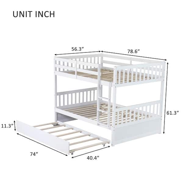 dimension image slide 1 of 2, Full Over Full Rubber Wood Bunk Bed w/ Trundle, Ladder & Guardrails, Convertible to 2 Full Size Beds, White