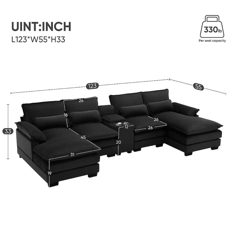 123"W modern u-shaped living room upholstered sofa with console, cup holders and USB ports