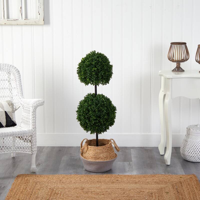 Artificial Topiary Tree - 3.5Ft Double Ball Indoor Outdoor - Boho Planter - Gray Woven Design - Green - 51-60 Inches
