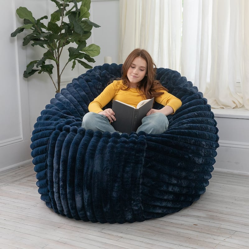 Large Plush Faux Fur Ribbed Bean Bag Chair - 60" - Midnight Blue