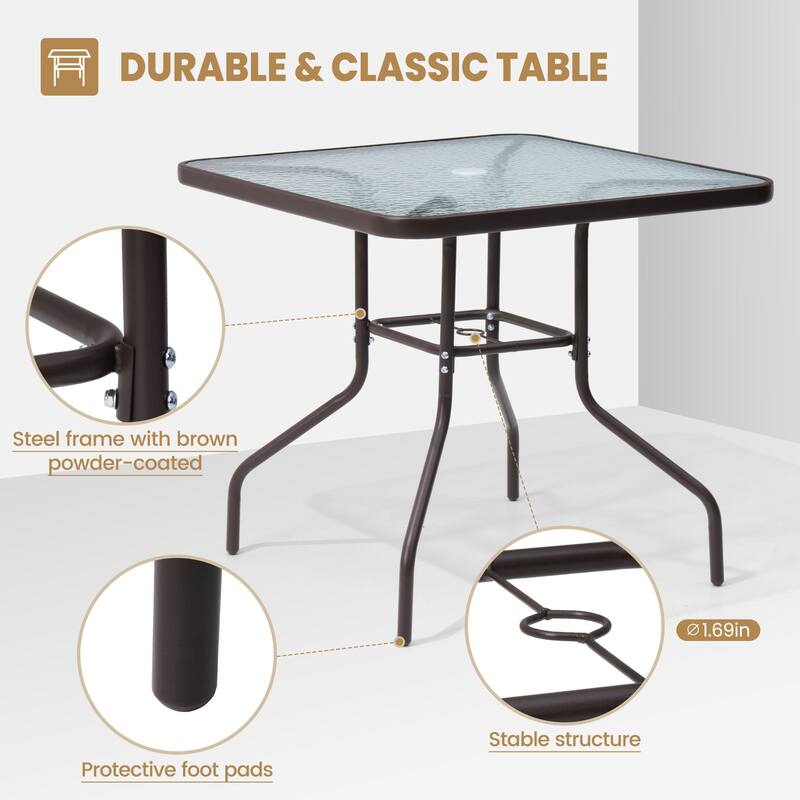 Crestlive Outdoor Dining Bistro Table with Square Glass Top and Umbrella Hole - 31.50" L x 31.50" W x 28.74" H