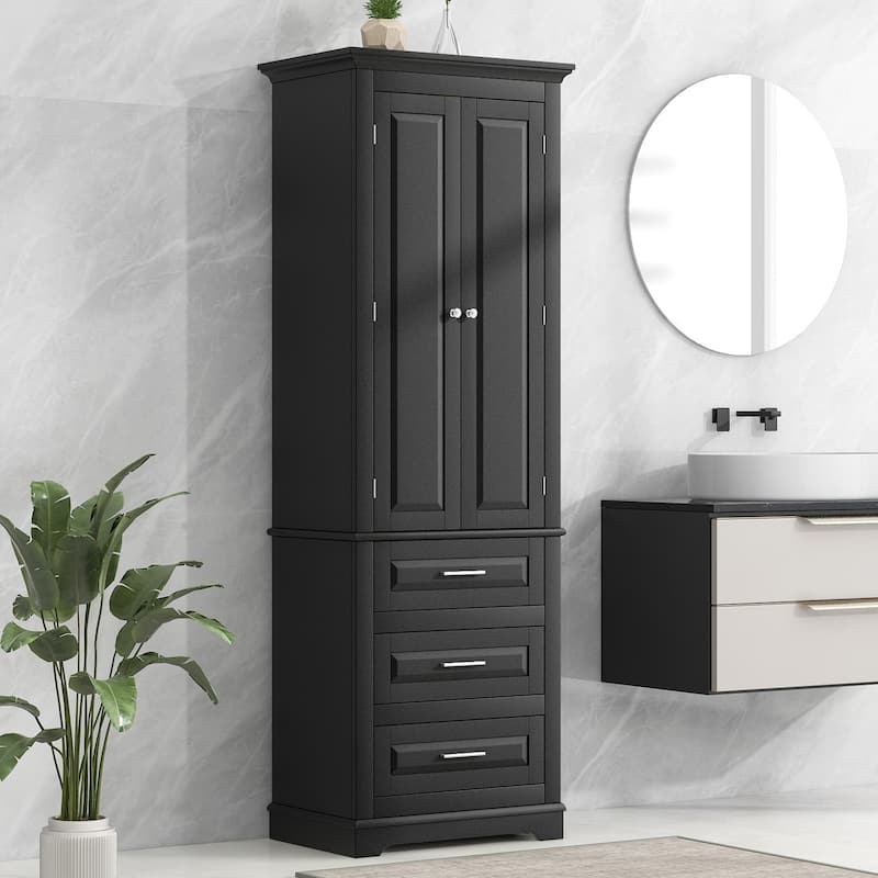 Tall Storage Cabinet with Three Drawers - Black