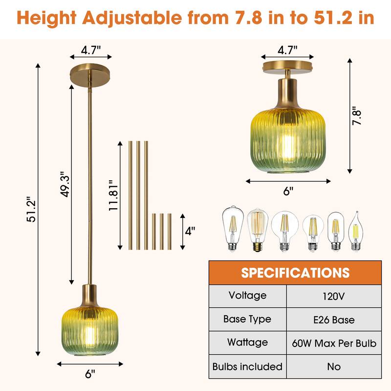 6" Wide Vintage 1-light Green Glass Pendant Light