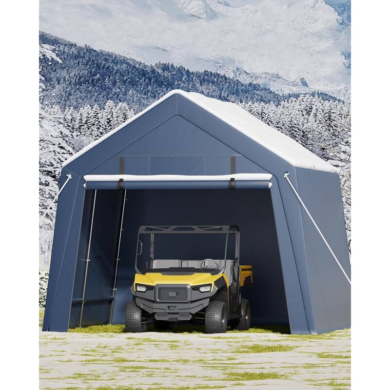 Outdoor Storage Shed, Portable Carport with Roll-Up Ventilated Zipper Door and Windows, Heavy Duty Waterproof Tarp - 10*10FT