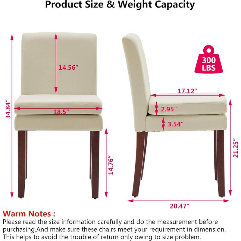 Set of 2 Upholstered Dining Chairs Modern Sidechair Performance Fabric High Back Armlesschair for Diningroom Kitchen
