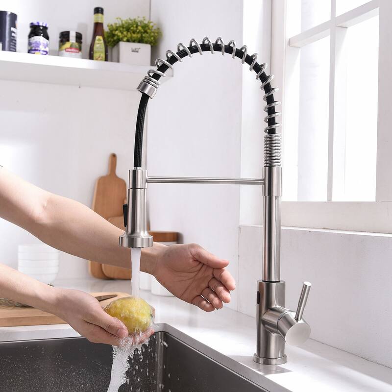 Nickel Touchless Spring Sprayer Kitchen Faucet with 2-function Spout