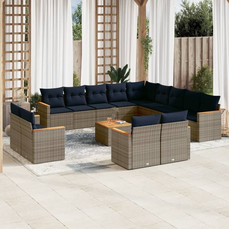 vidaXL 13/14 Piece Patio Sofa Set with Cushions Black/Gray Poly Rattan - 24.4 x 24.4 x 27.2 - Gray With table