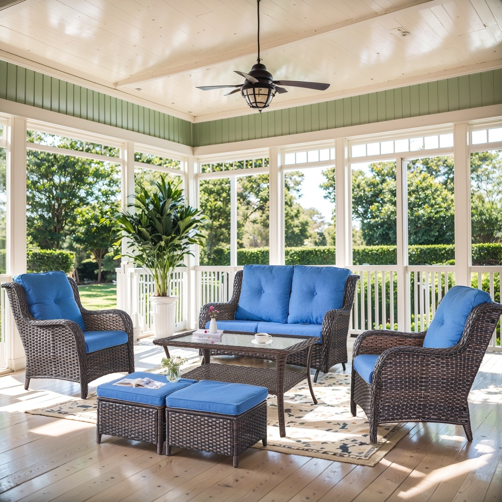 Outdoor Glider Sofa with Patio Chair and Ottoman - Blue cushion - Brown