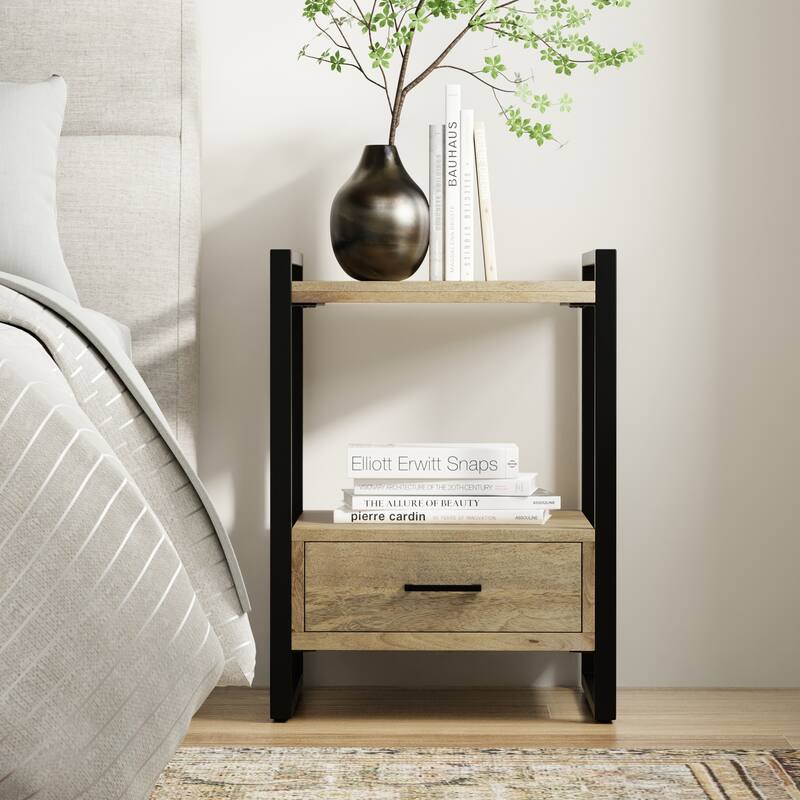 WYNDENHALL Lawson SOLID MANGO WOOD 22 inch Wide Square Modern Industrial Bedside Table in Natural - 1-drawer - Natural