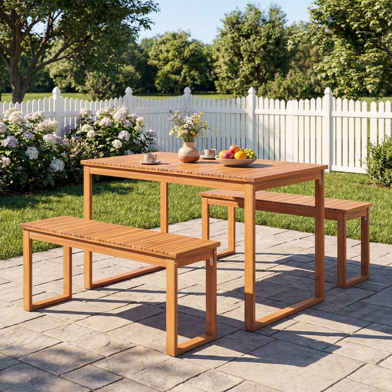 Gymax 3 PCS Acacia Wood Picnic Set 43.5'' Outdoor Dining Table w/2