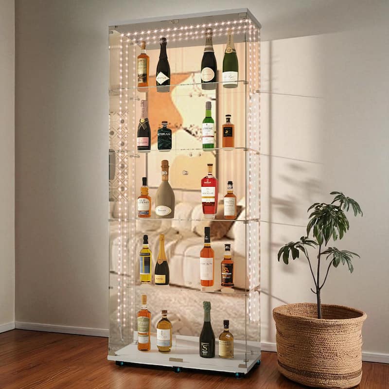76" Tall Tempered Glass Display Cabinet with Mirror Back, Bluetooth LED Light Strip, Lockable Doors and Casters