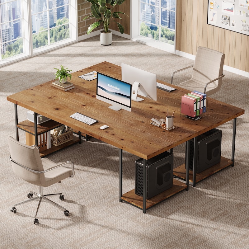 71 Inch Large Computer Desk with Shelves, Solid Wood Writing Desk for Home Office, Gaming